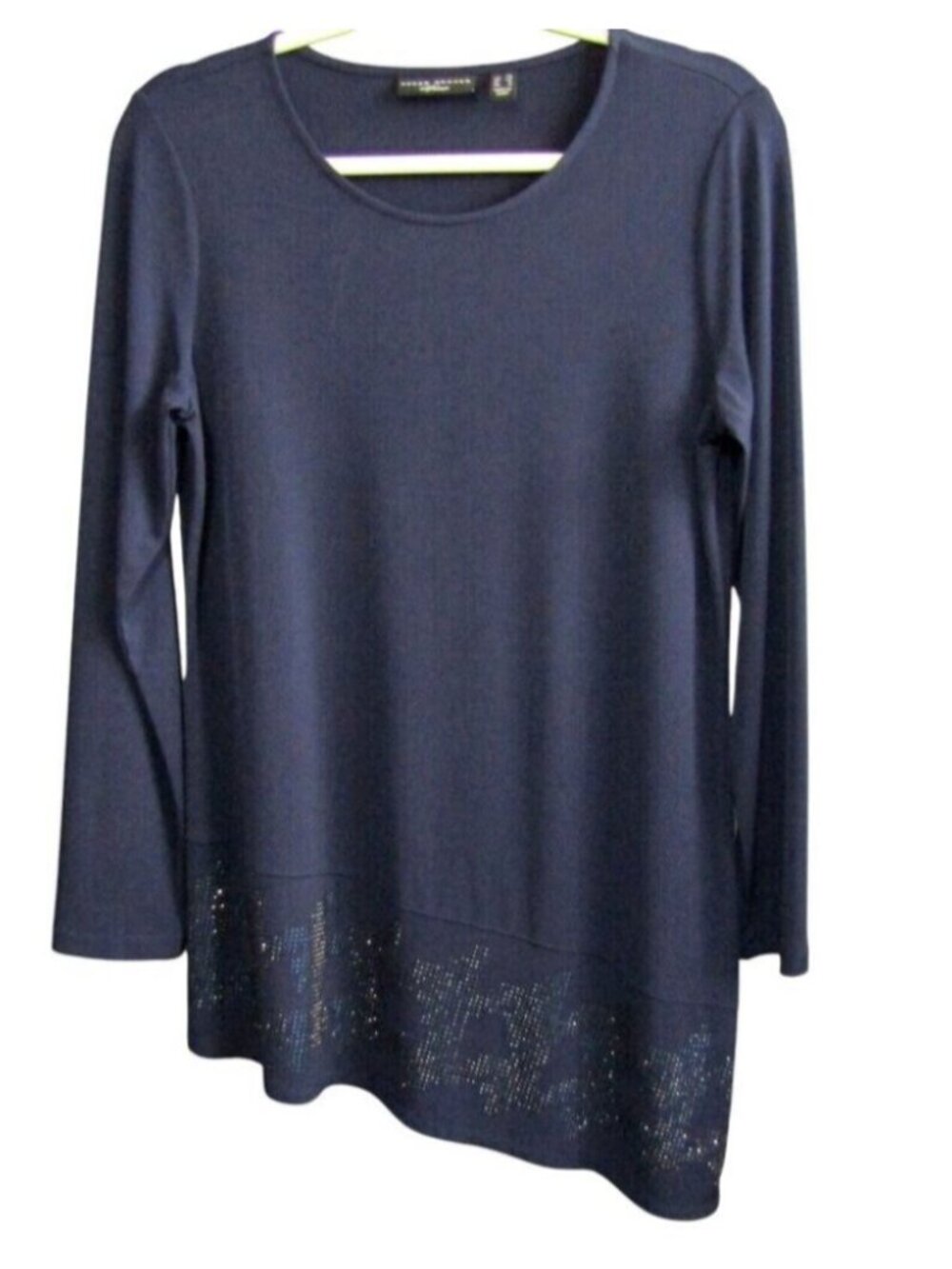 Susan Graver Artisan Liquid Knit Tunic Asymmetric Hem Top Navy Blue XS A344635